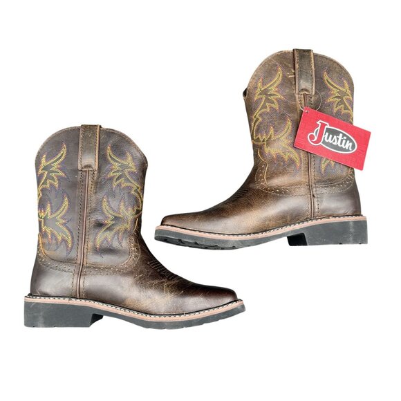 Justin Western Boots Kids Rugged Tan Buffalo 4.5D Embroidered Square Toe SK4681 - Picture 9 of 15